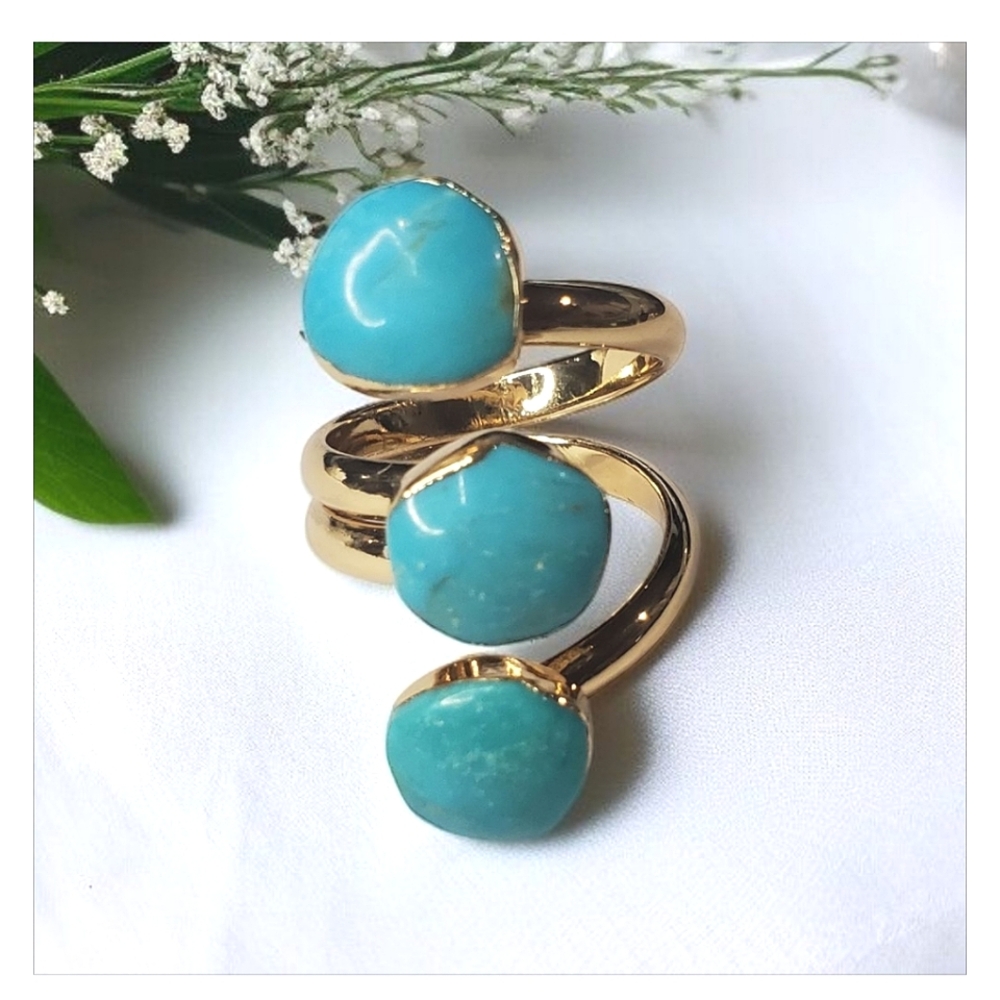 18k Gold Plated Triple Genuine Turquoise Stone Ring